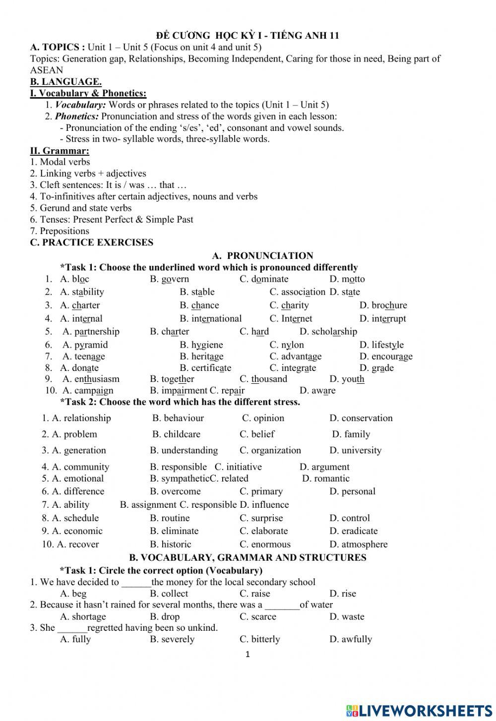 Đề cương  học kỳ i - tiếng anh 11