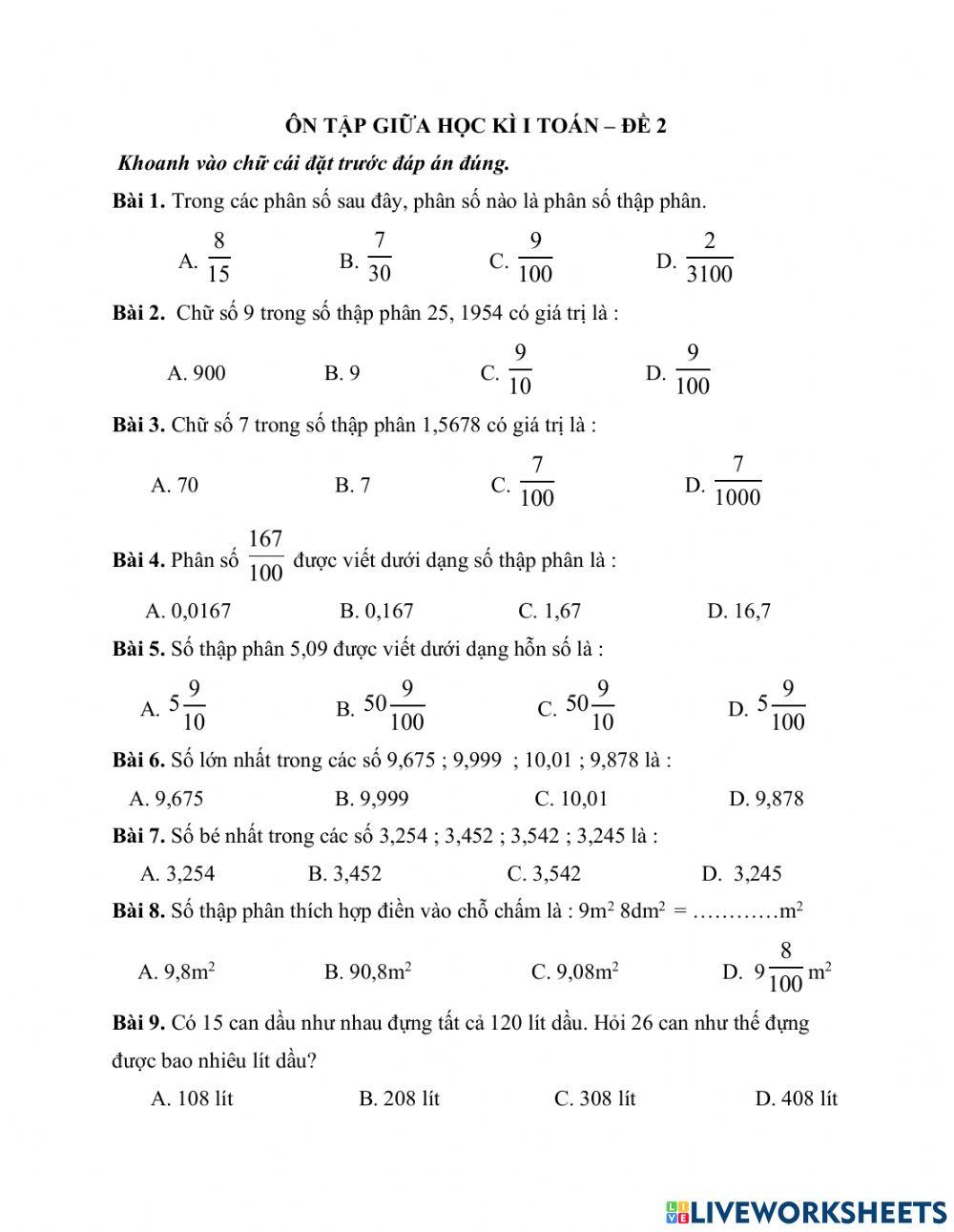 Trắc nghiệm kiểm tra giữa kì 1