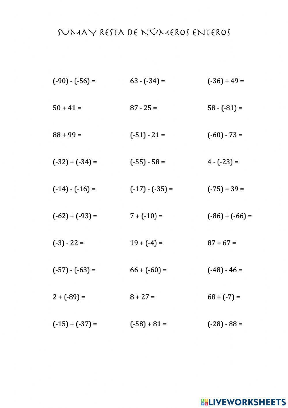 Suma, resta números enteros