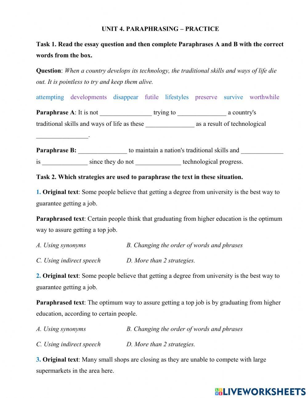 Paraphrasing practice Paraphrasing practice