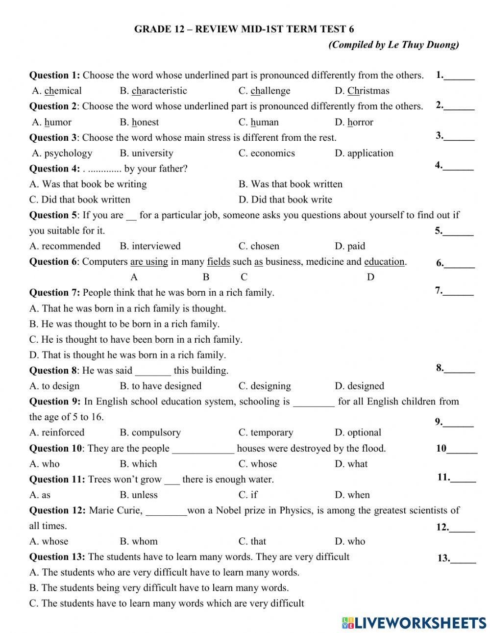 Grade 12- Review Mid 1st term test