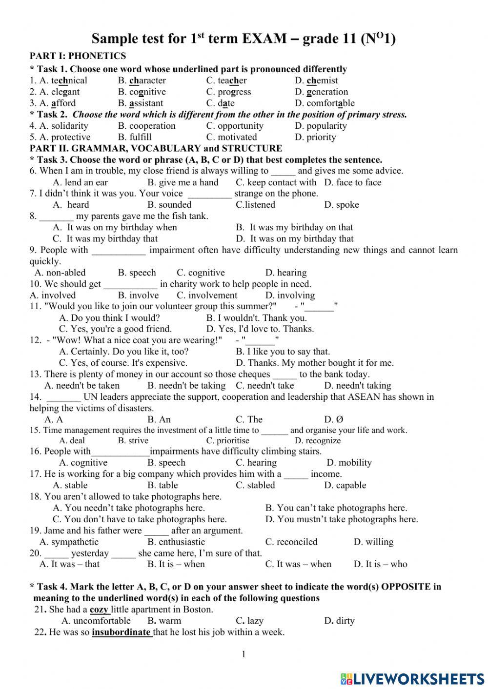 Sample test for 1st term EXAM – grade 11 (NO1)
