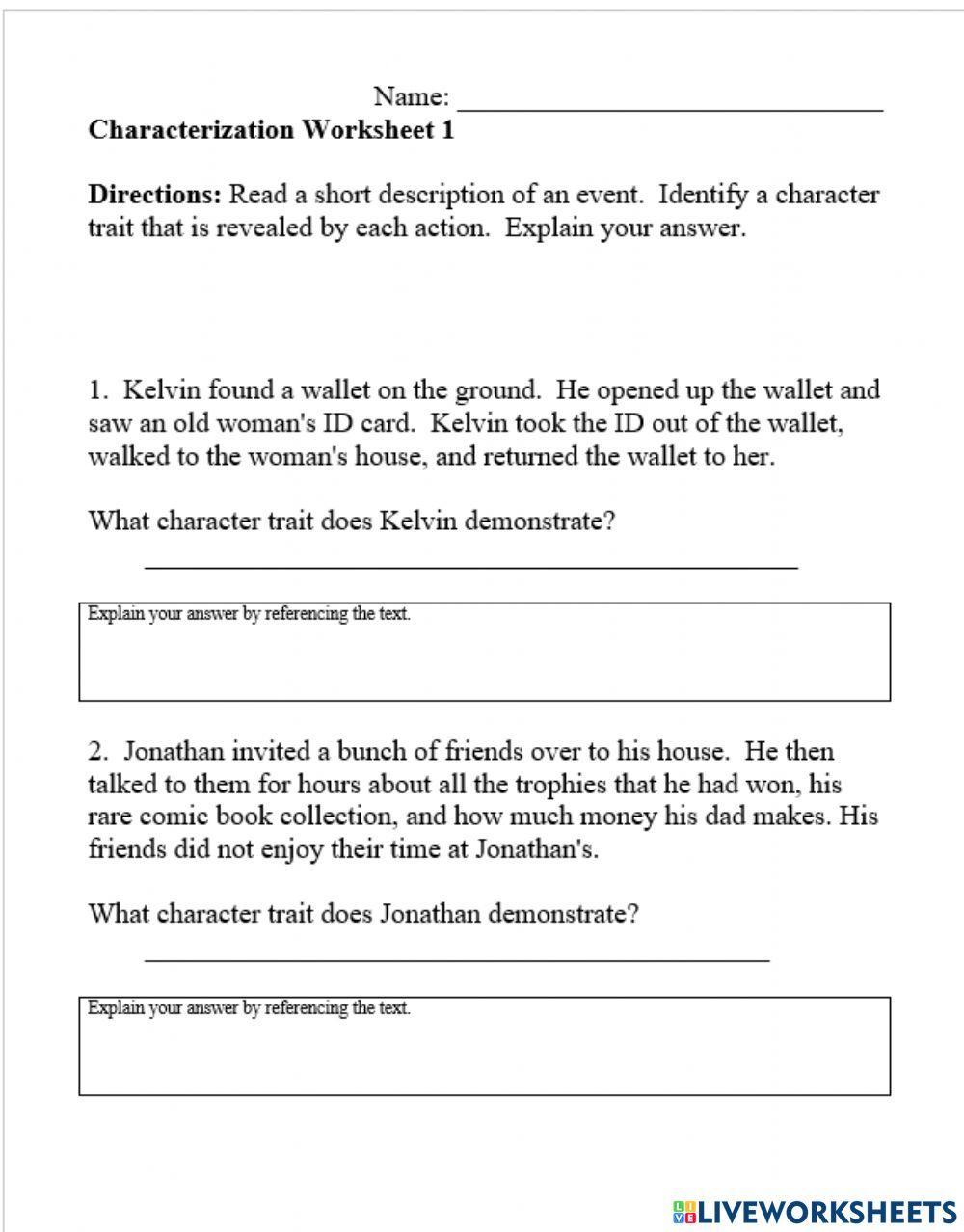 Character Traits online exercise for Live Worksheets