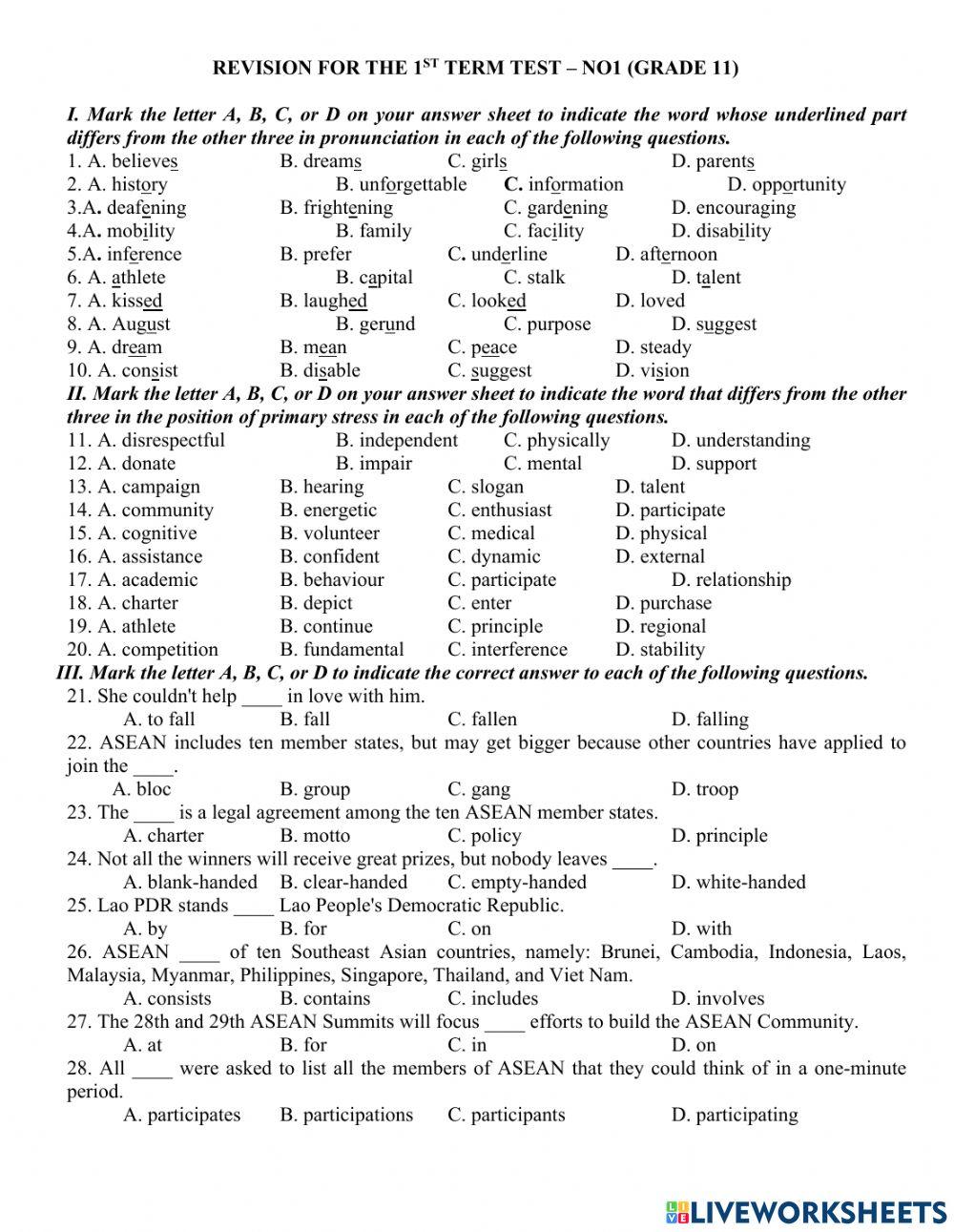 Revision for the 1st term test – no1 (grade 11)