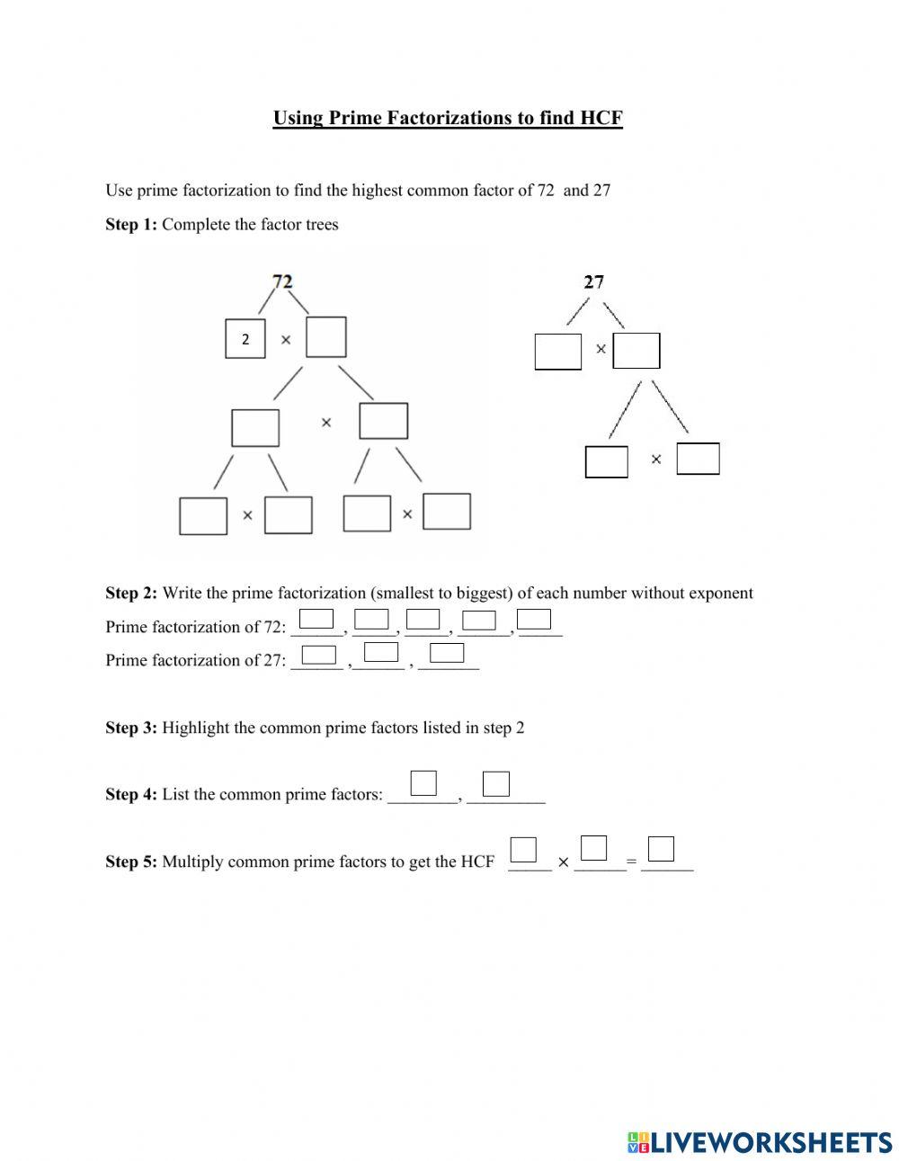 Hcf using prime factorization online exercise for live worksheets