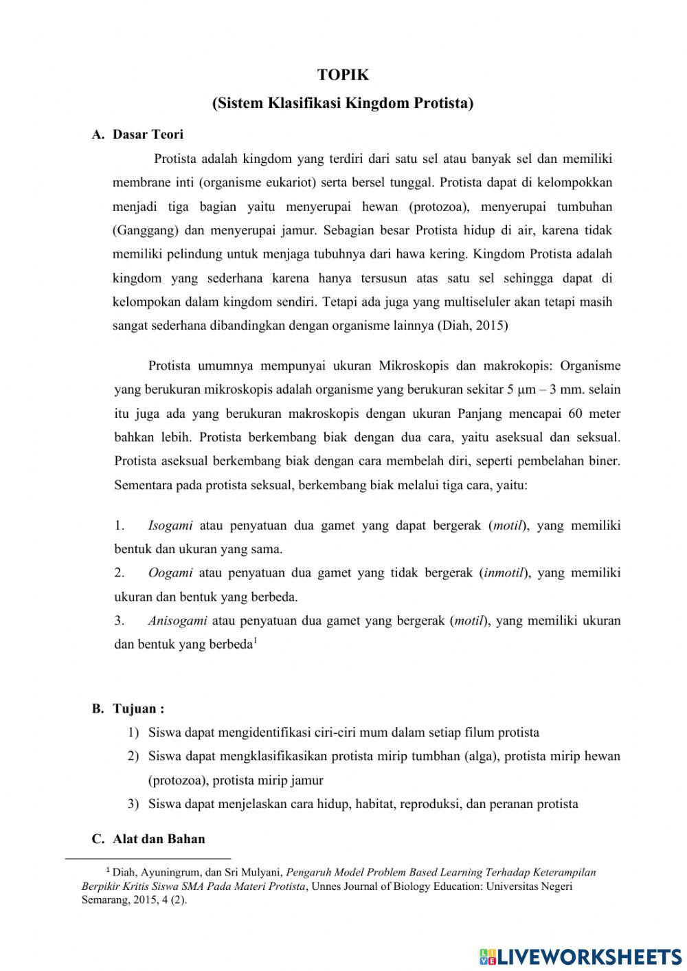 Petunjuk praktikum sistem klasifikasi kingdom protista