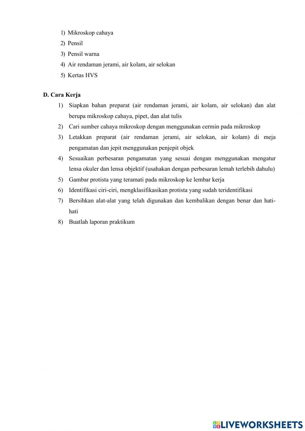 Petunjuk praktikum sistem klasifikasi kingdom protista