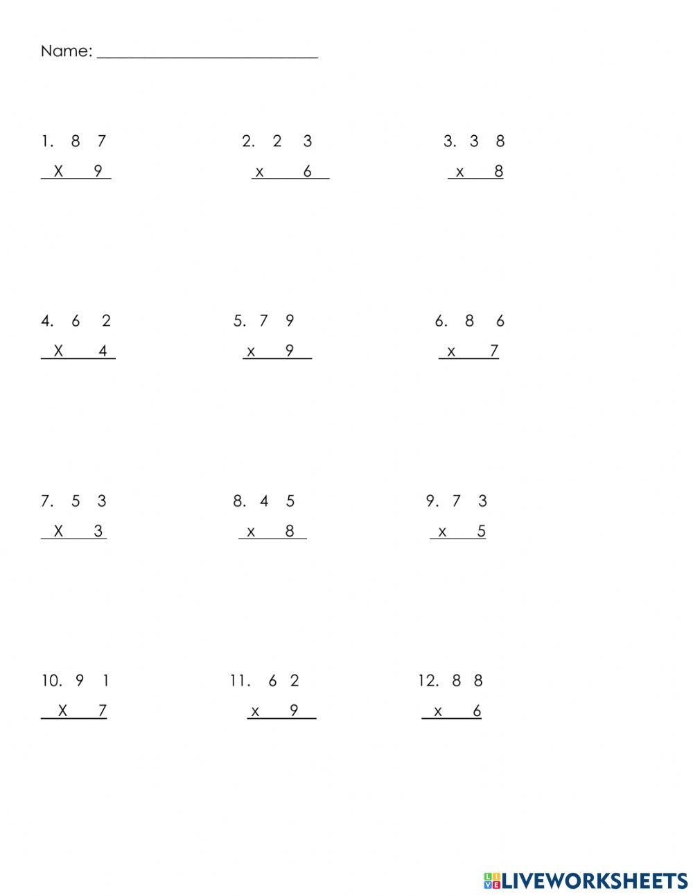 Multiplying by one digit numbers worksheet live worksheets