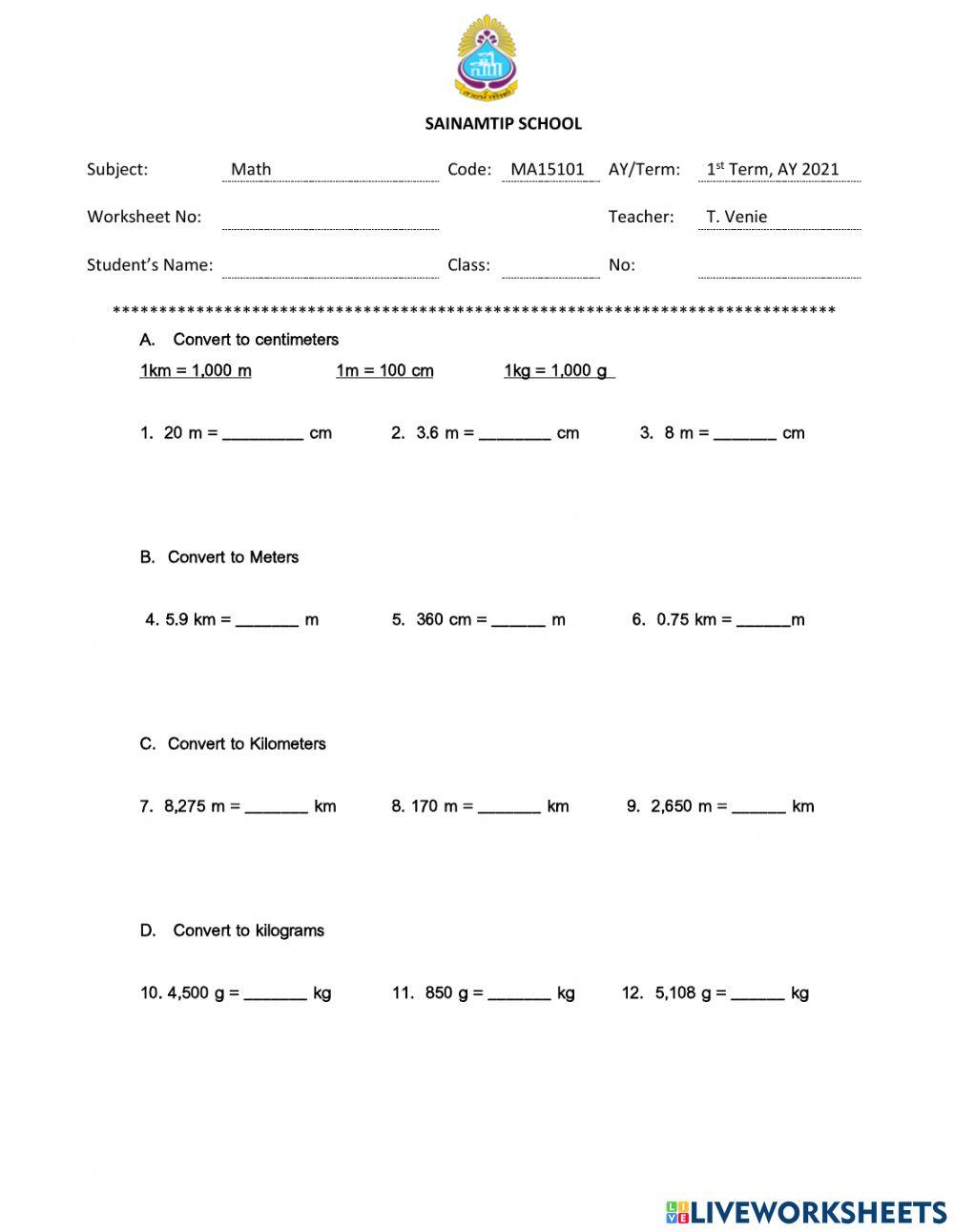 Conversion of Units online exercise for | Live Worksheets