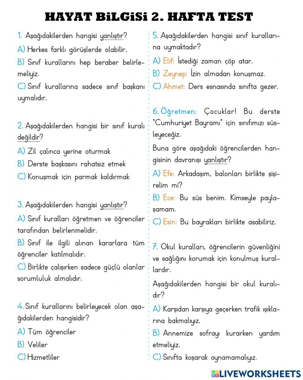 Hayat Bilgisi 2. Hafta Test