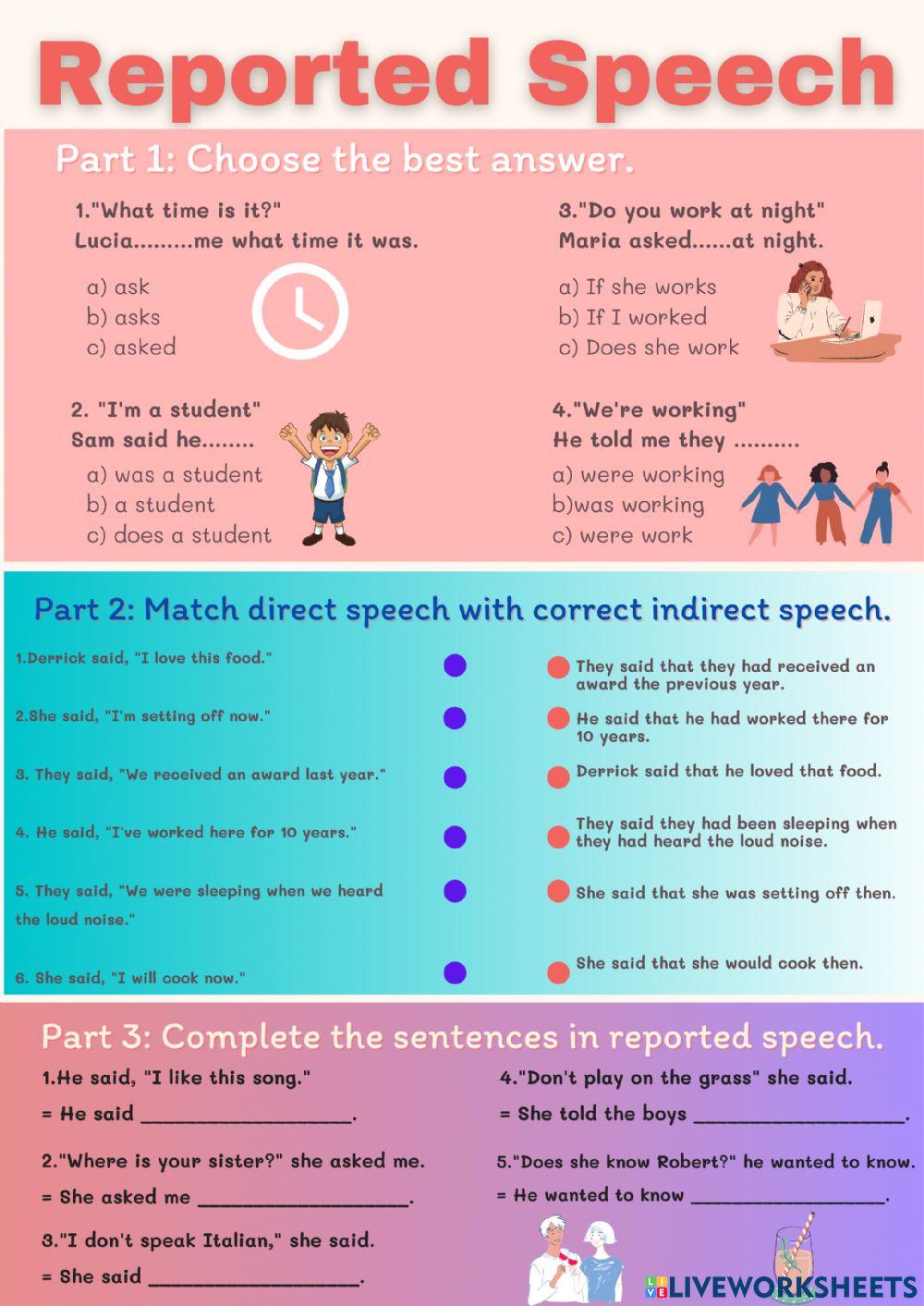 Reported speech online exercise for 7 12 live worksheets