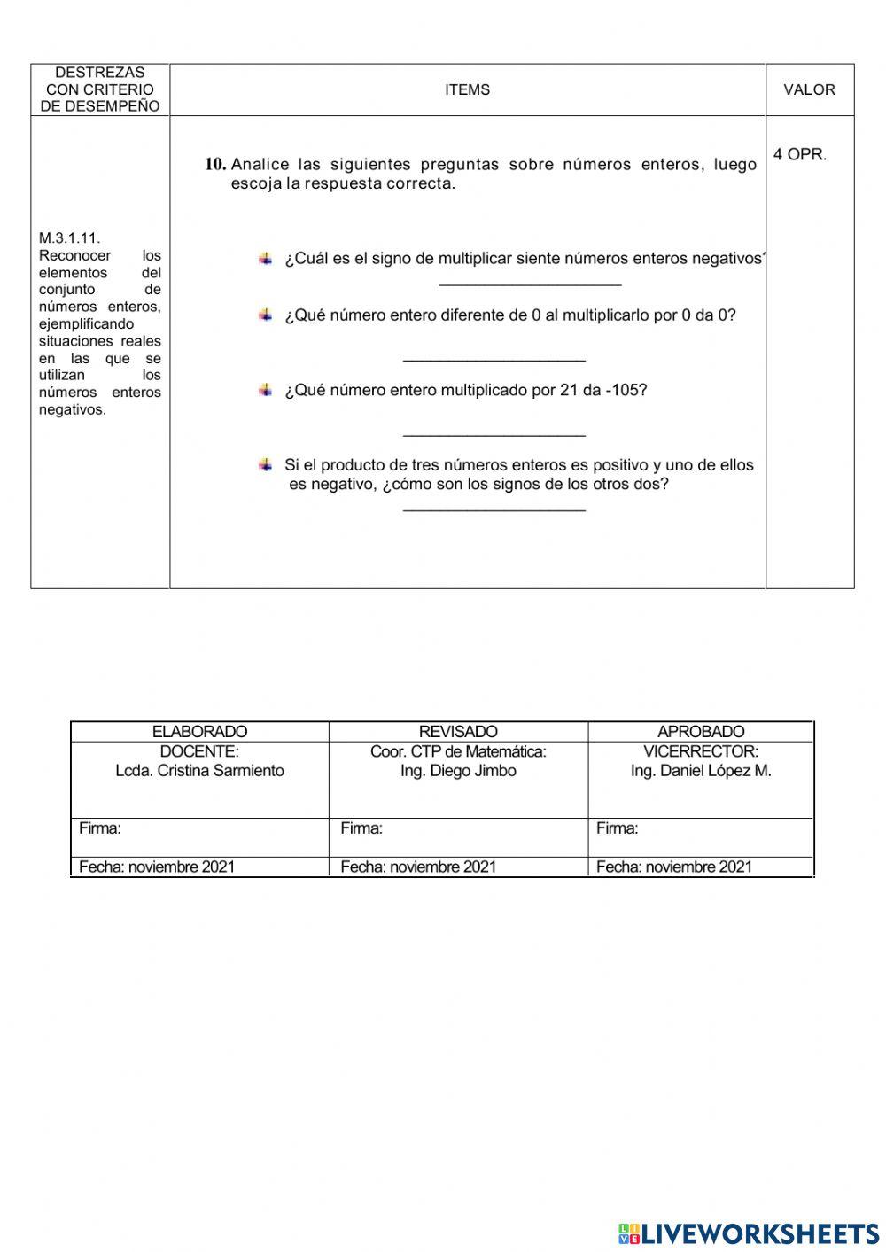 Prueba primer parcial matemática 8vo