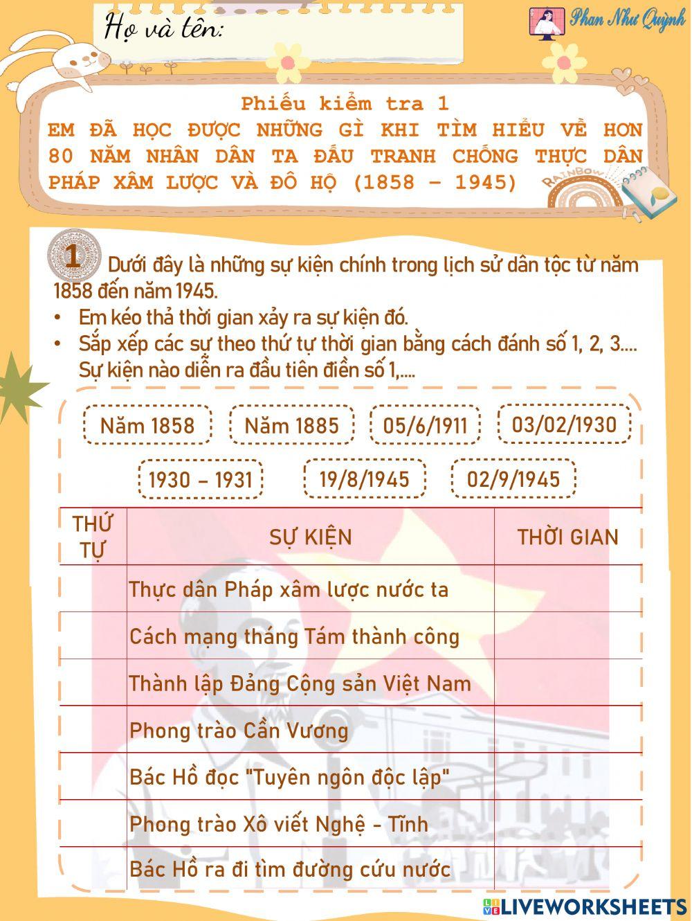 Lịch sử 5 - Phiếu kiểm tra 1