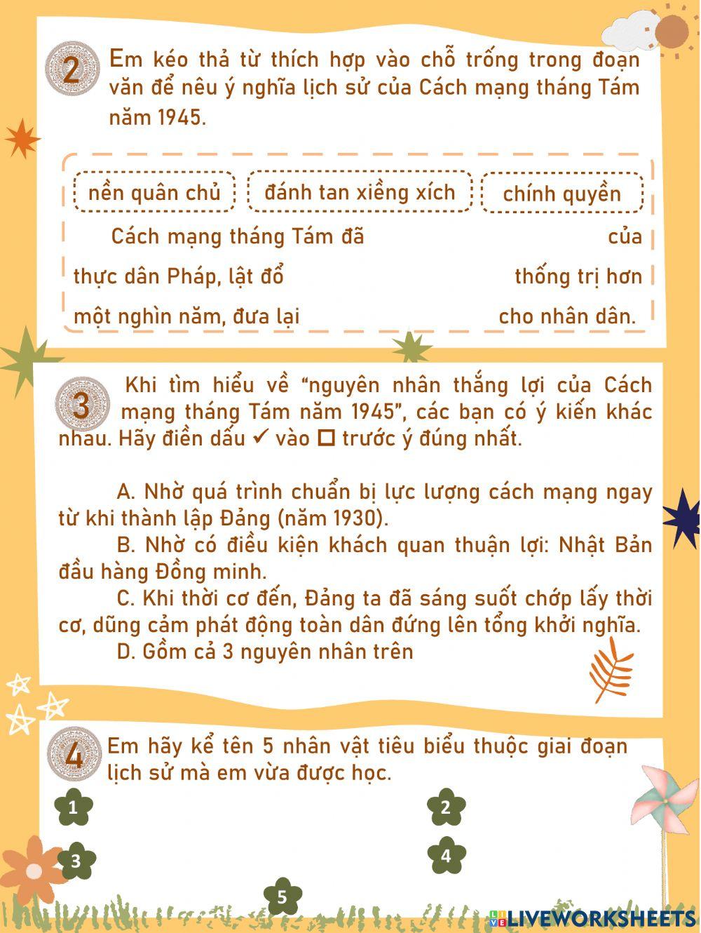 Lịch sử 5 - Phiếu kiểm tra 1