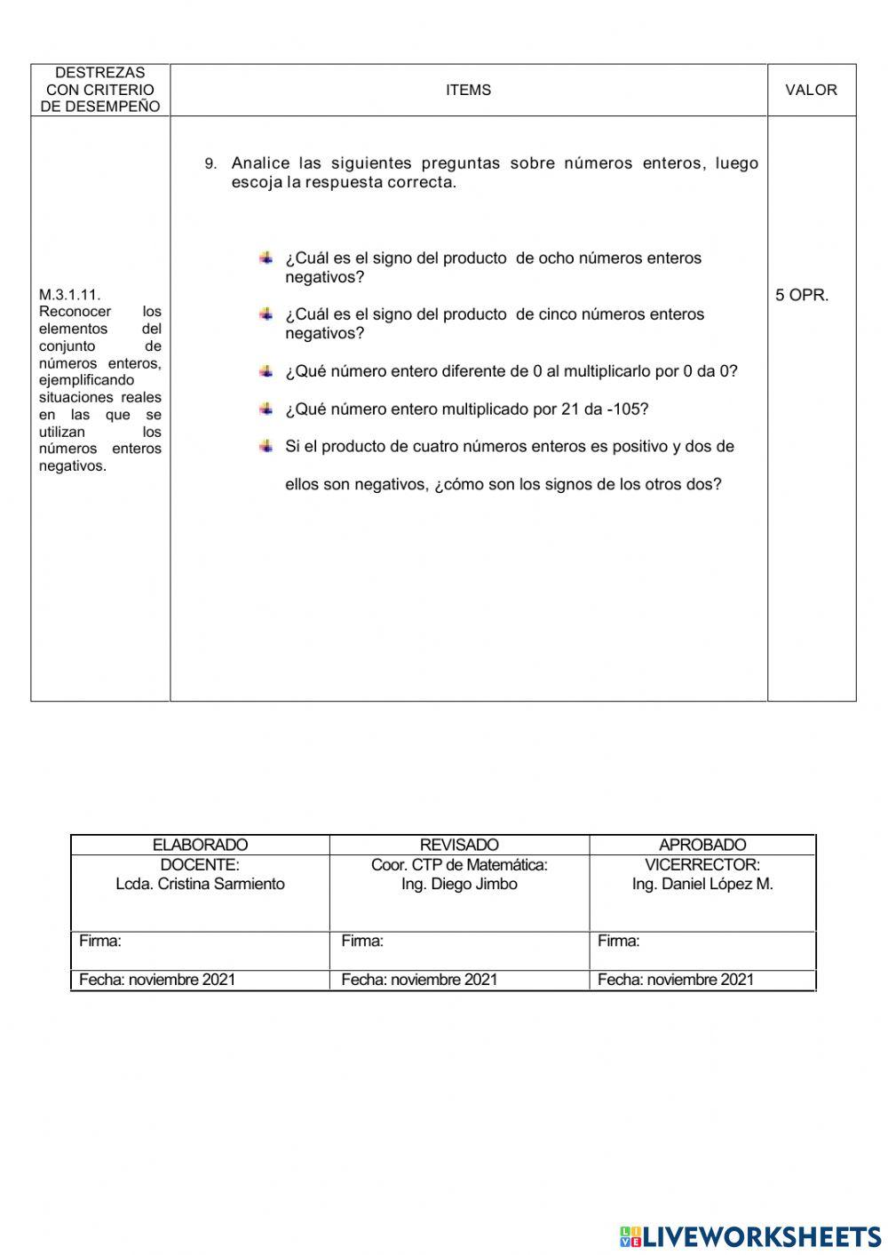 Prueba primer parcial 8vo matemática