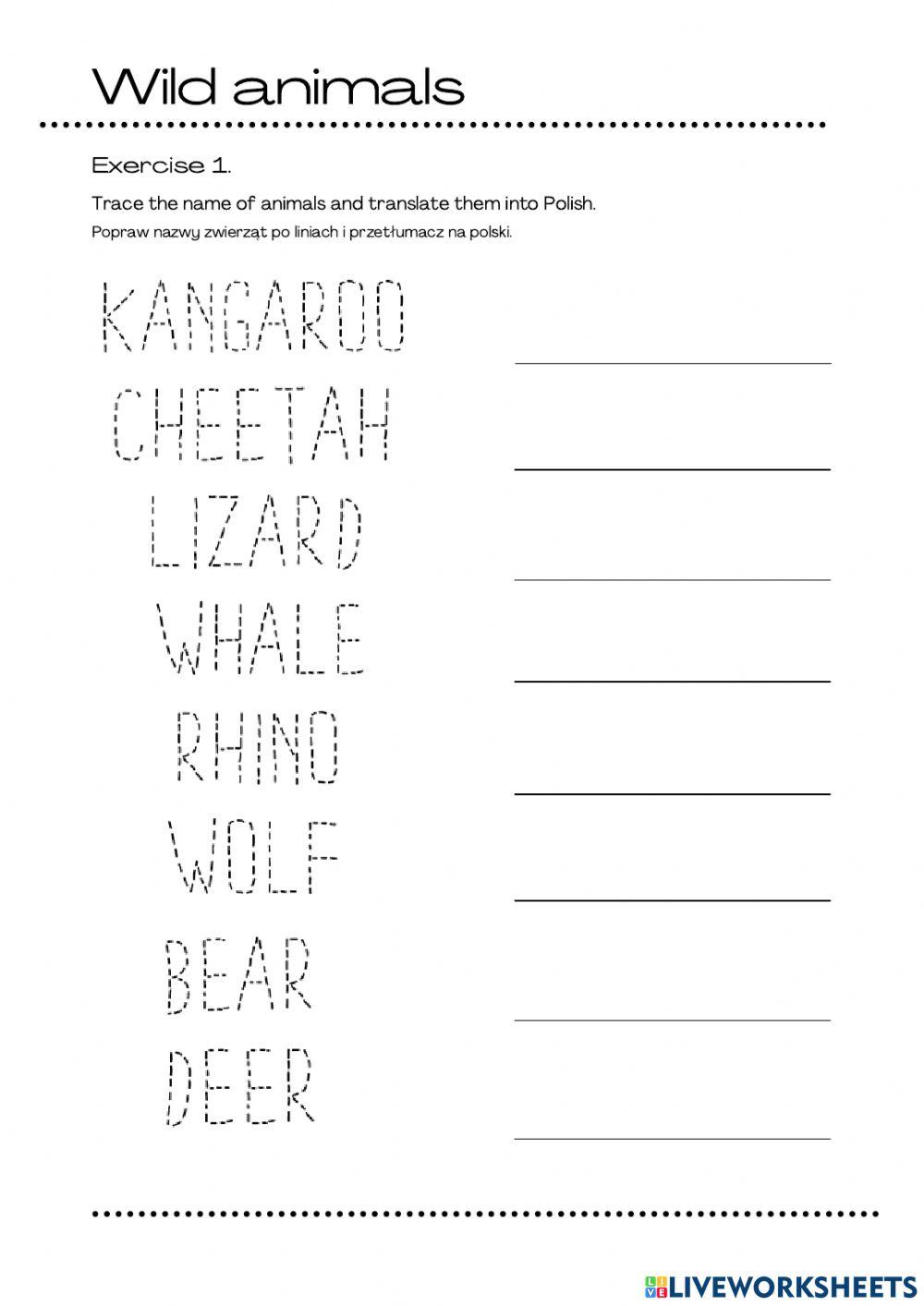 Tracing wild animal's names worksheet Live Worksheets