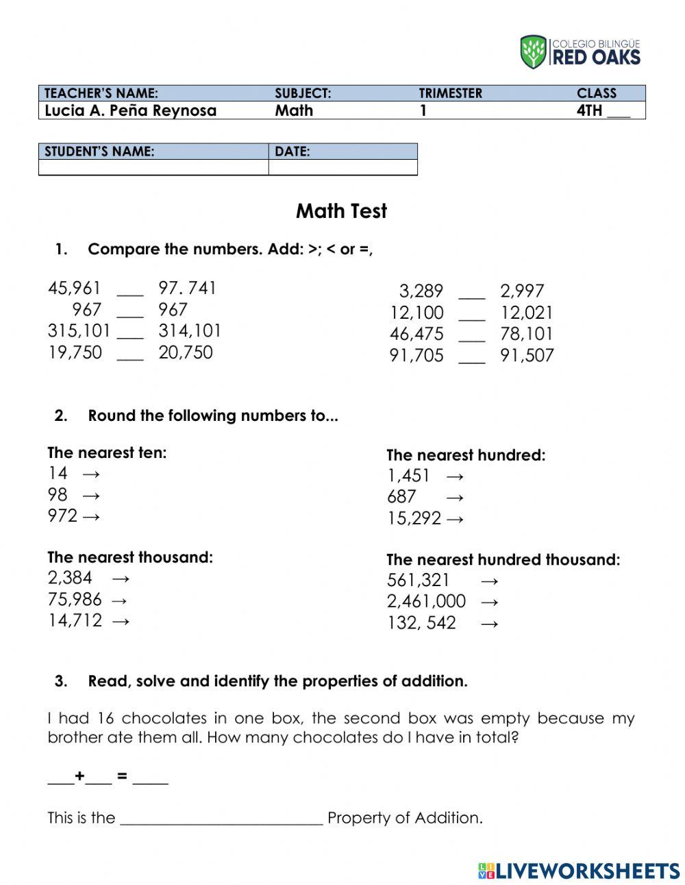 Math Test worksheet for 4th A Live Worksheets