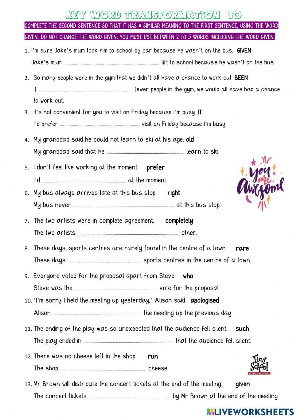 Key word transformation 10 fce