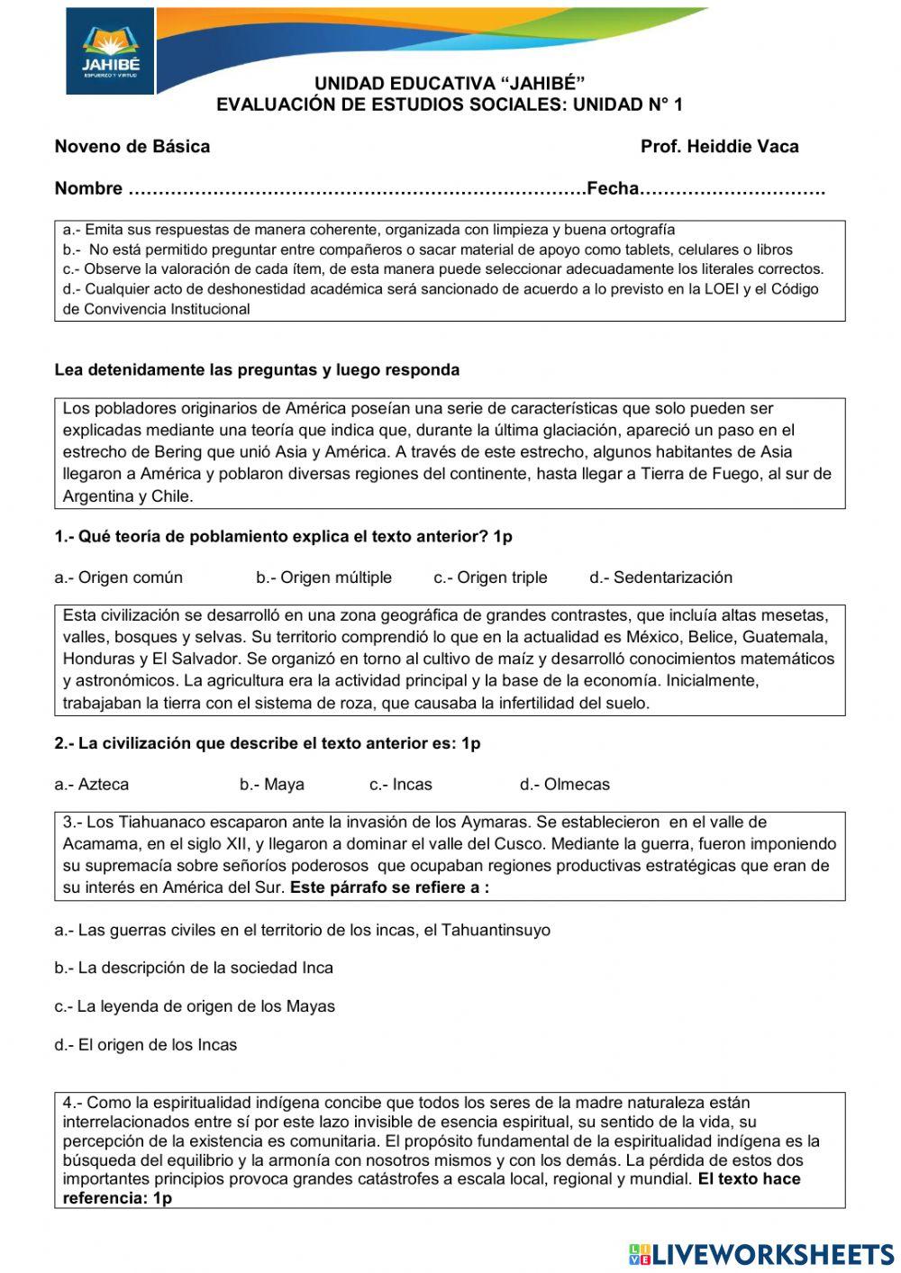 Evaluación Unidad 1 Noveno de Básica