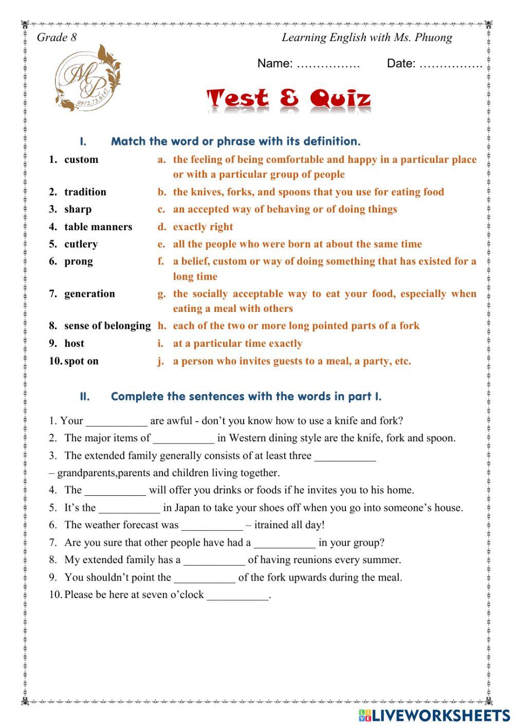 English 8 - Unit 4 - Test 1