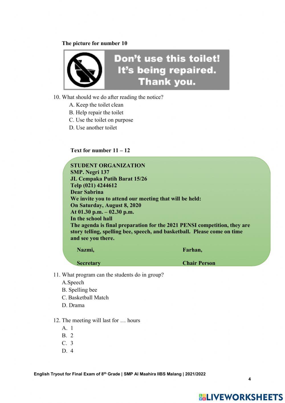 English tryout for 8th graders