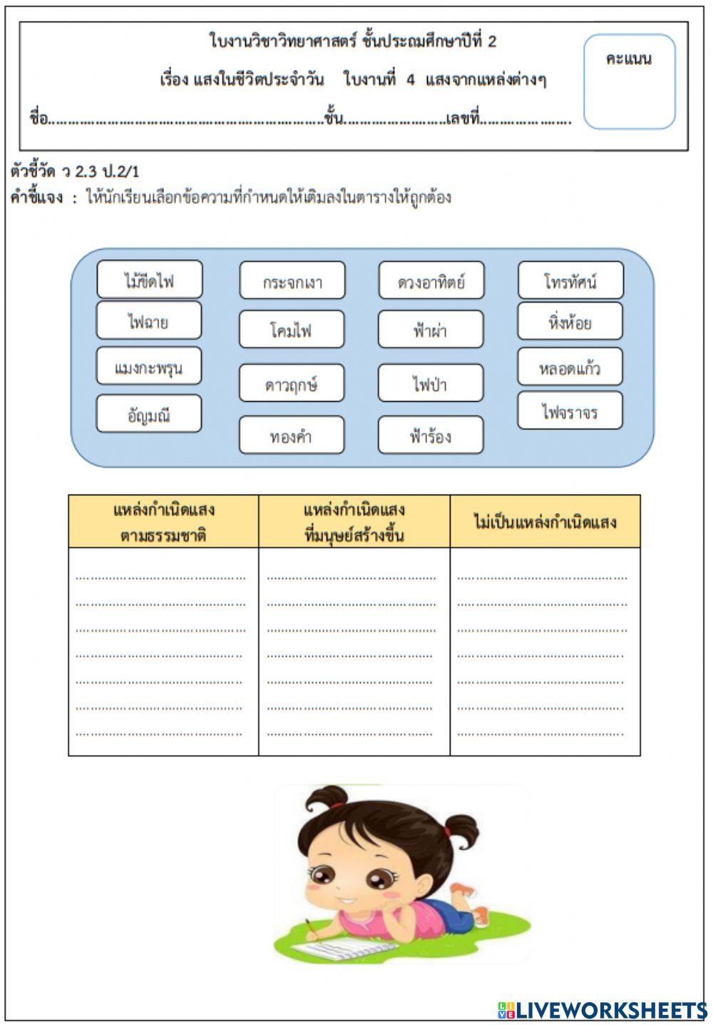 ใบงานที่ 4 แสงจากแหล่งต่างๆ