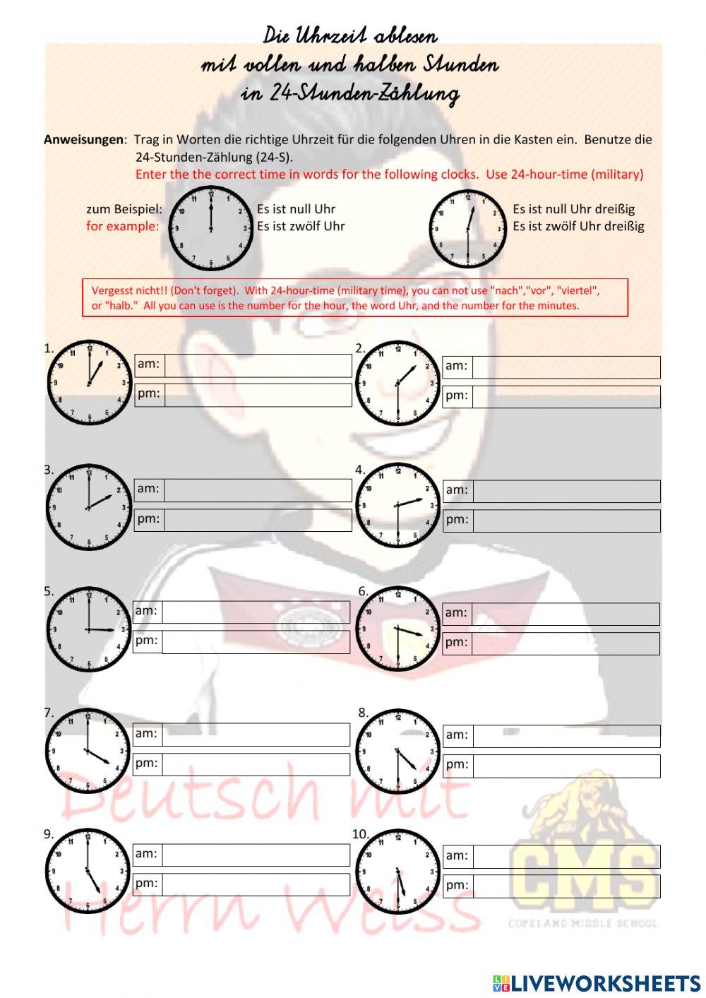 Die Uhrzeit in vollen und halben Stunden mit 24-Stunden-Zählung