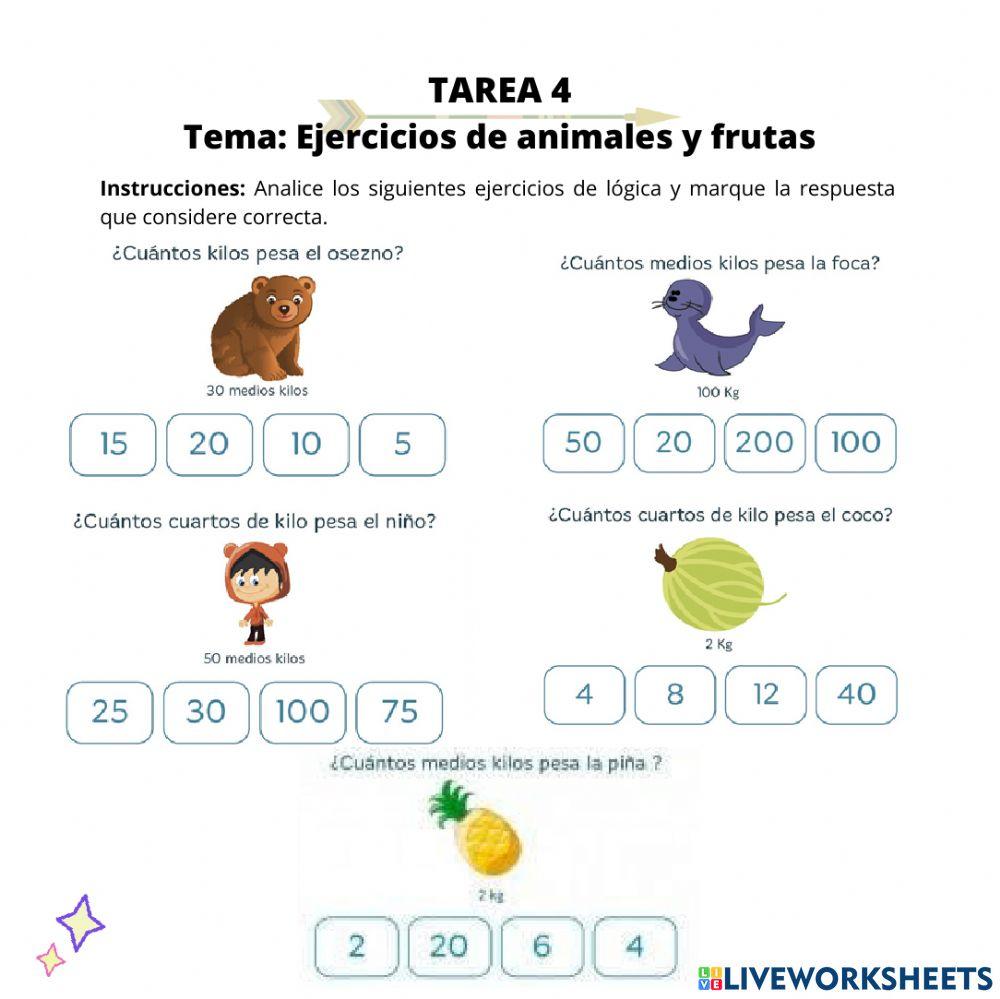 Ejercicios de animales y frutas