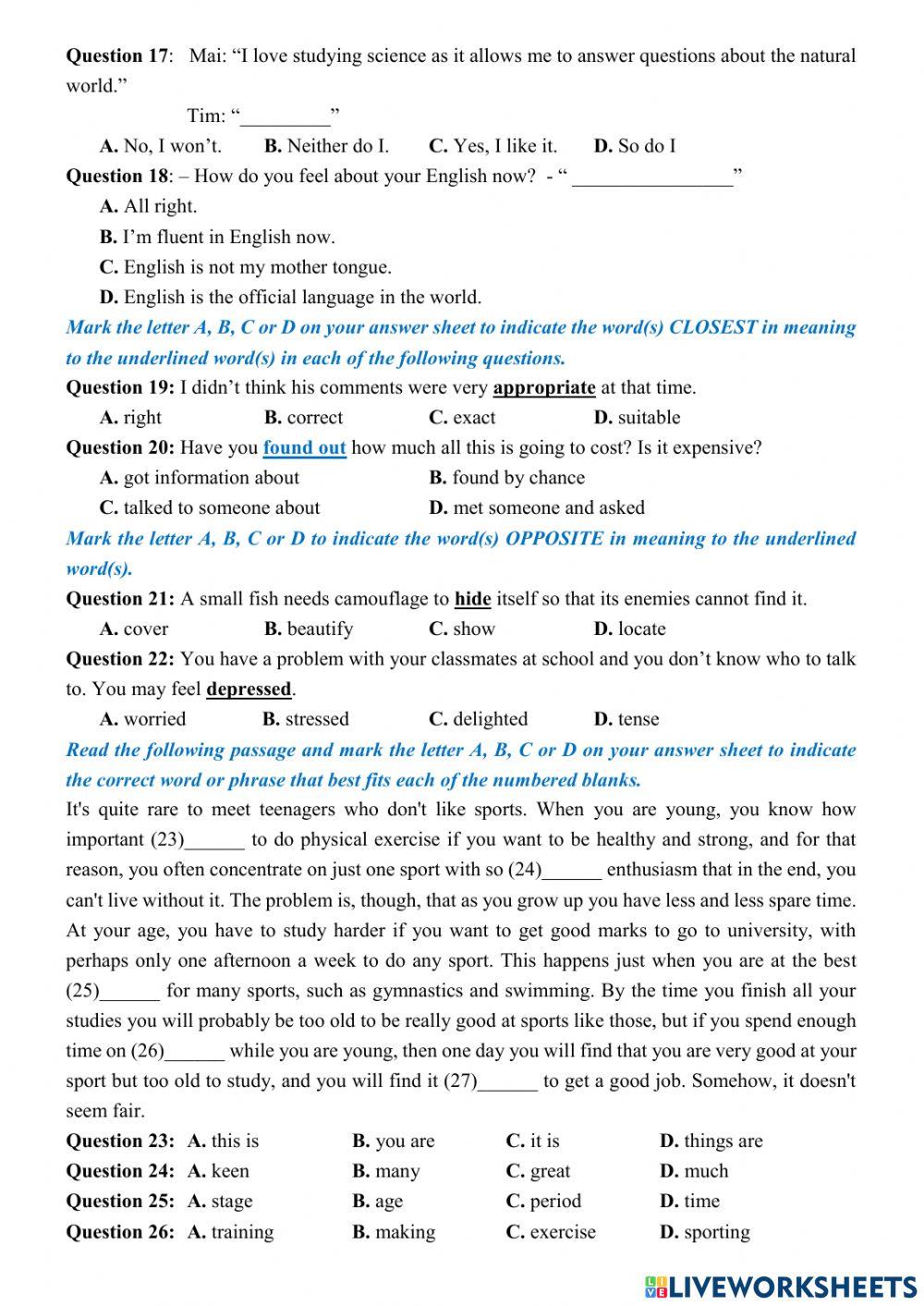 Mid-term 5- Grade 9 (chưa có đáp án)