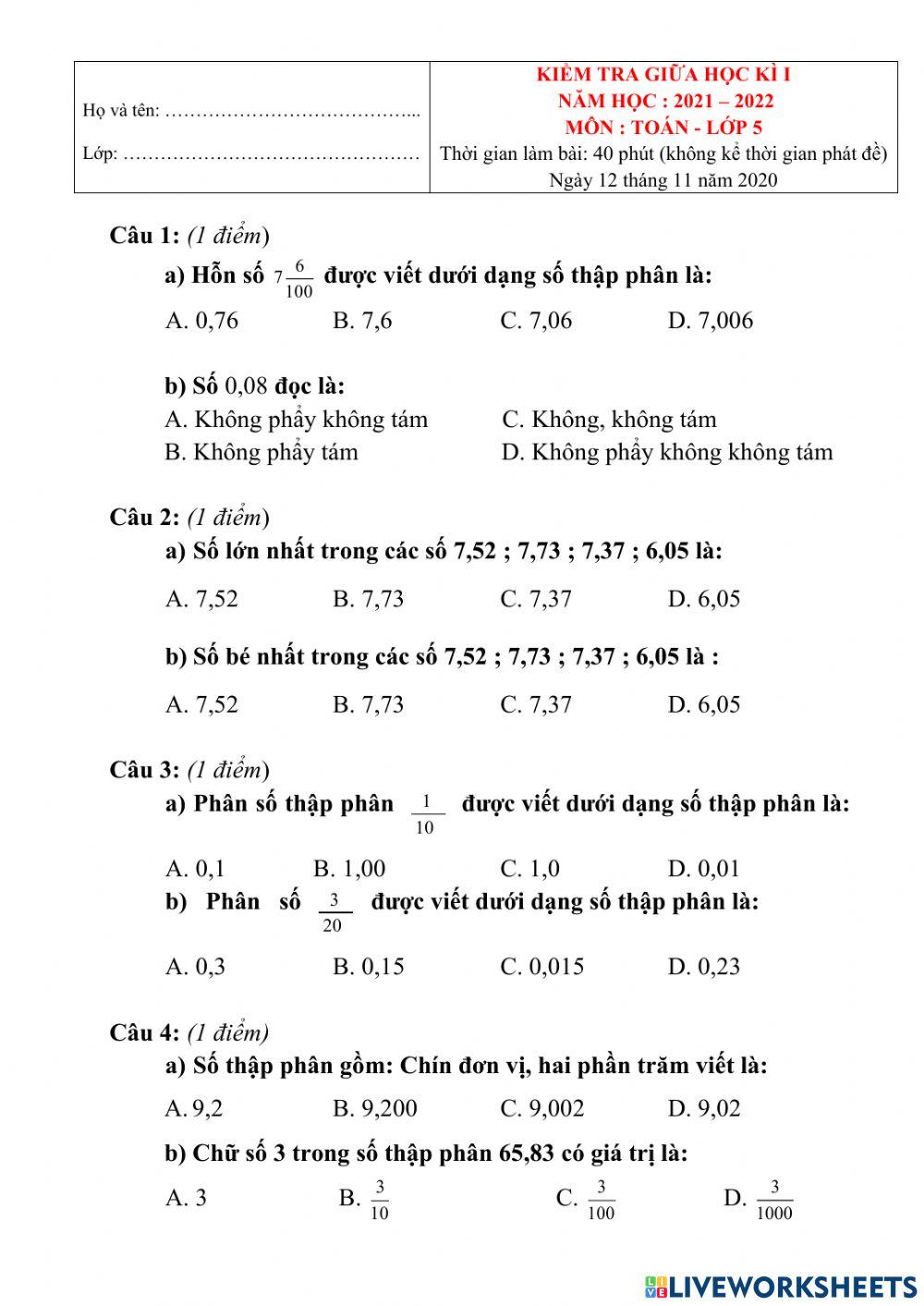 Đề kiểm tra giữa HKI môn Toán