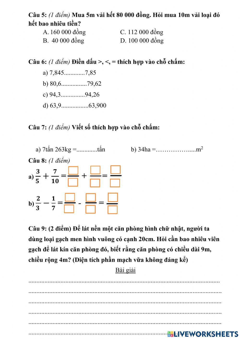 Đề kiểm tra giữa HKI môn Toán