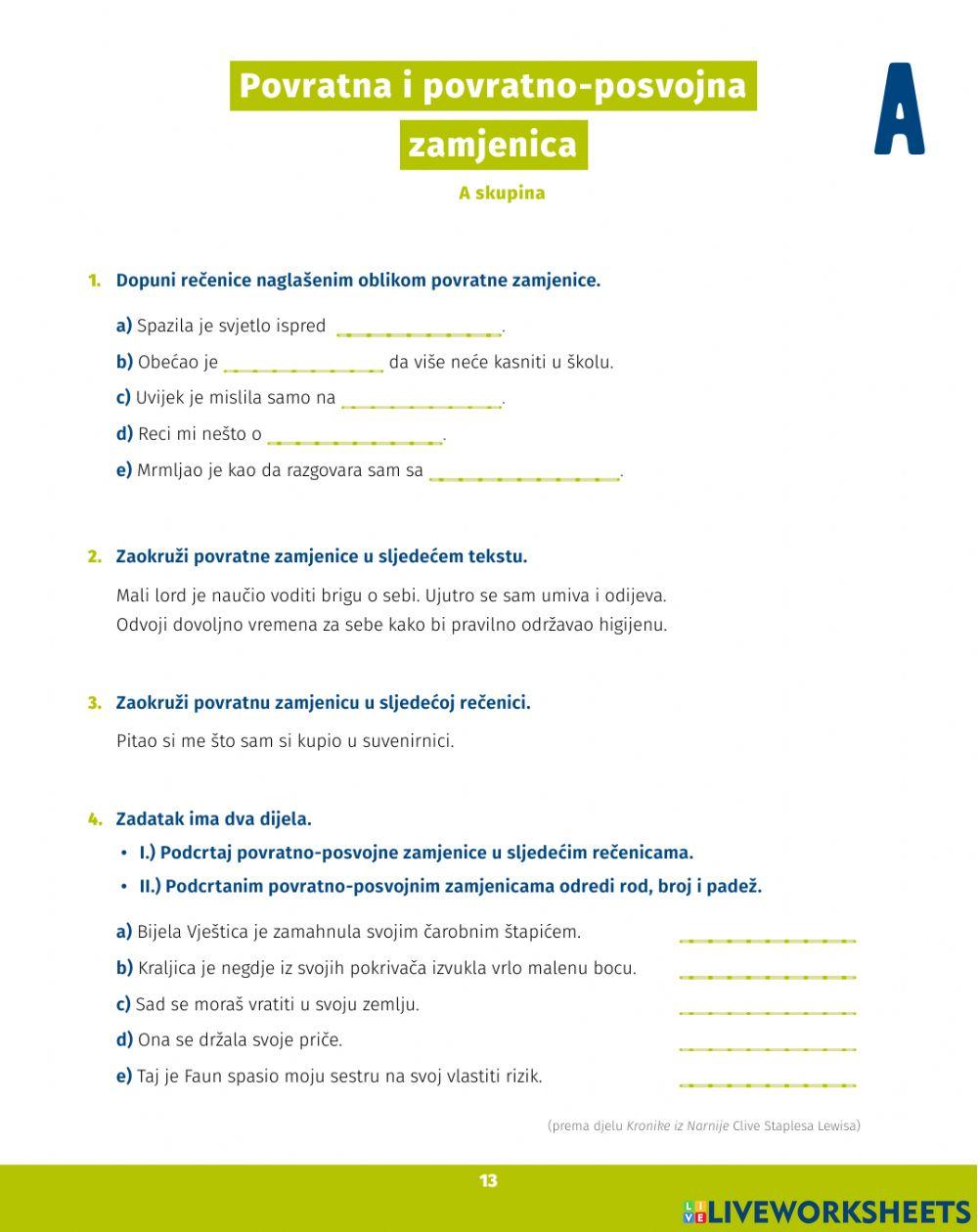 Povratna i povratno-posvojna zamjenica, uvježbavanje