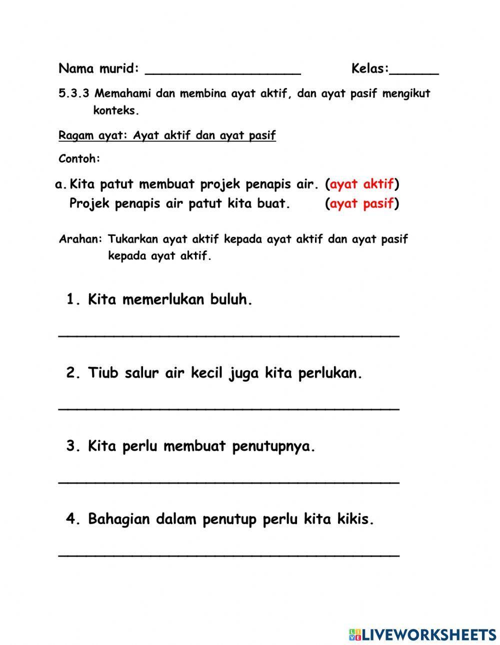 Latihan penukaran ayat aktif kepada ayat pasif dan ayat pasif kepada ayat aktif