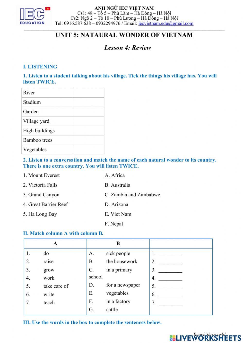 Unit5: Grade 6 :NATURAL WONDER OF VIETNAM