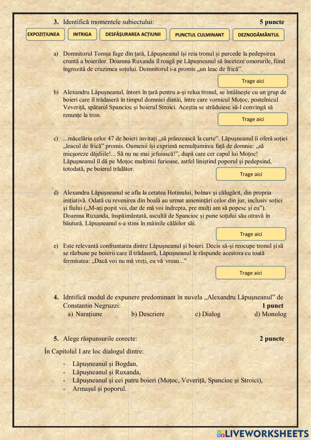 Fișa de evaluare ALEXANDRU LĂPUȘNEANUL de Constantin Negruzzi