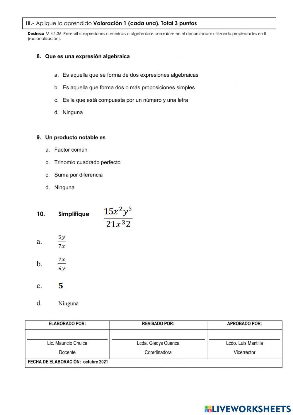Taller acumulativo matemática décimo