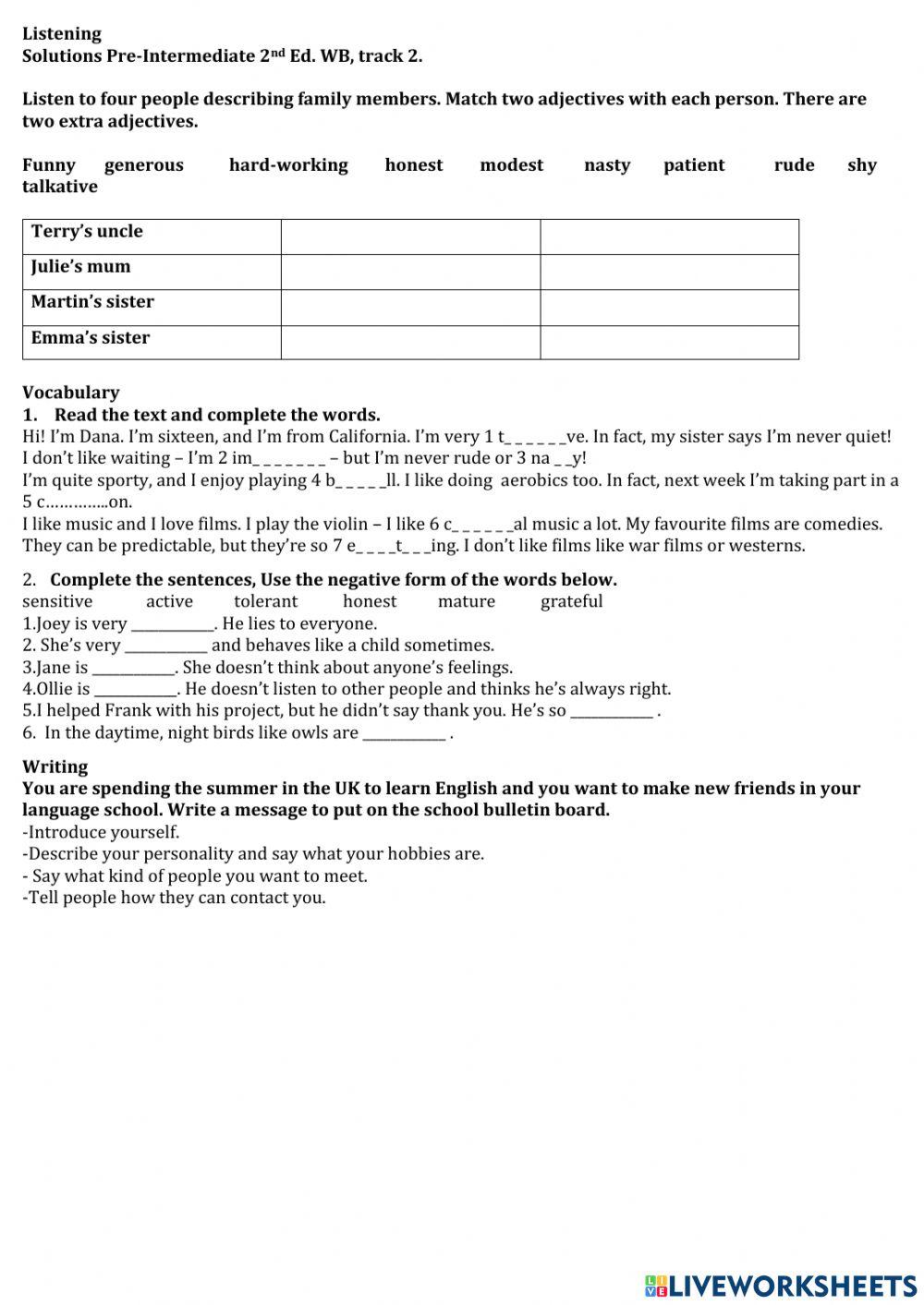 Personal qualities online worksheet for 8 Live Worksheets