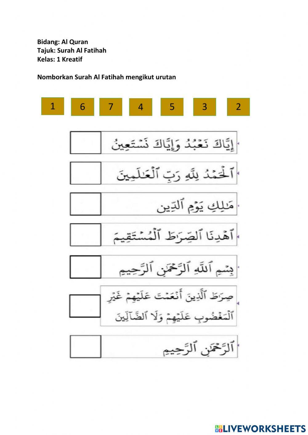 Surah Al fatihah interactive worksheet for Tahun 1 Live Worksheets