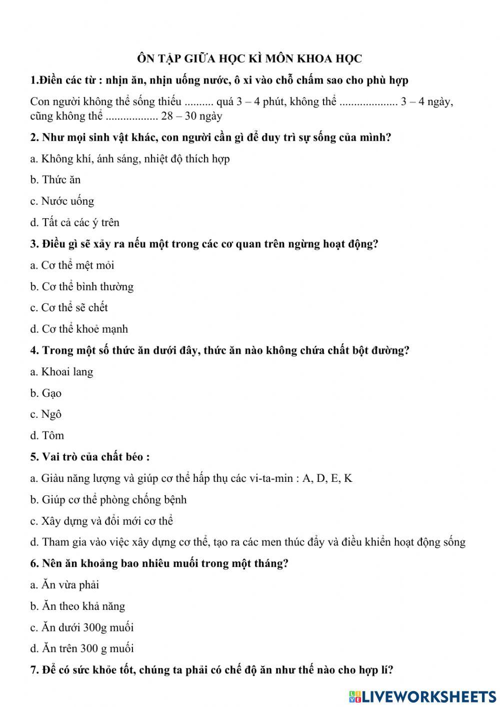 Ôn tập giữa học kì môn Khoa học