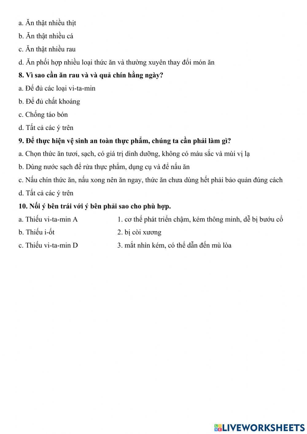 Ôn tập giữa học kì môn Khoa học