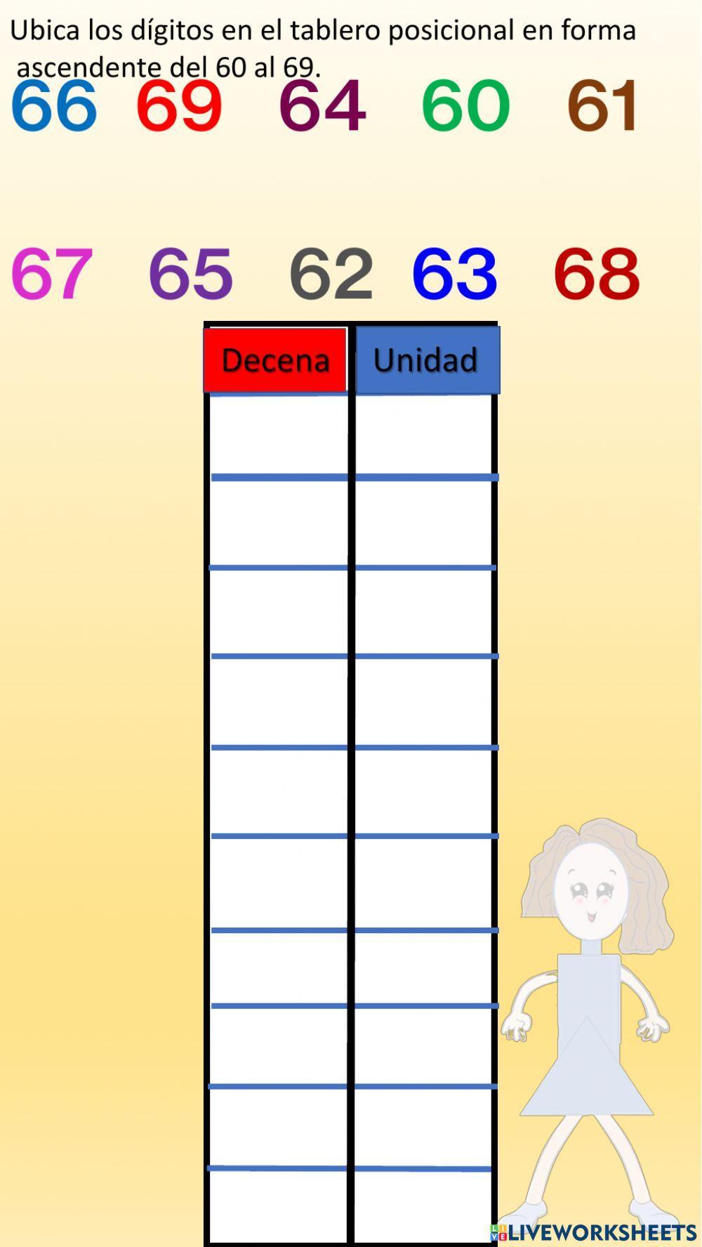 Ubica los dígitos en el tablero posicional en forma ascendente del 60 al 69.