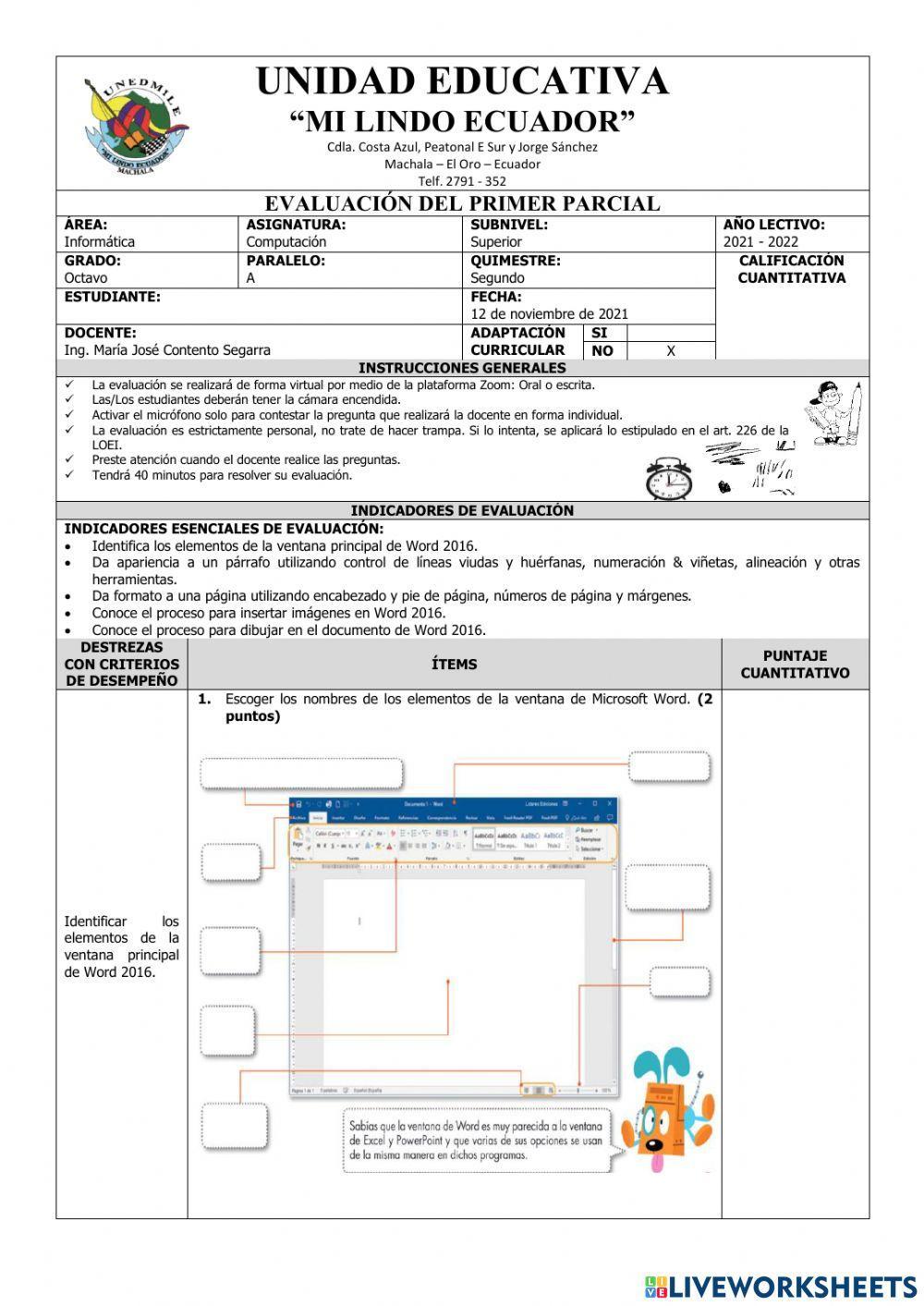 Evaluación del Primer Parcial de Computación del Segundo Quimestre