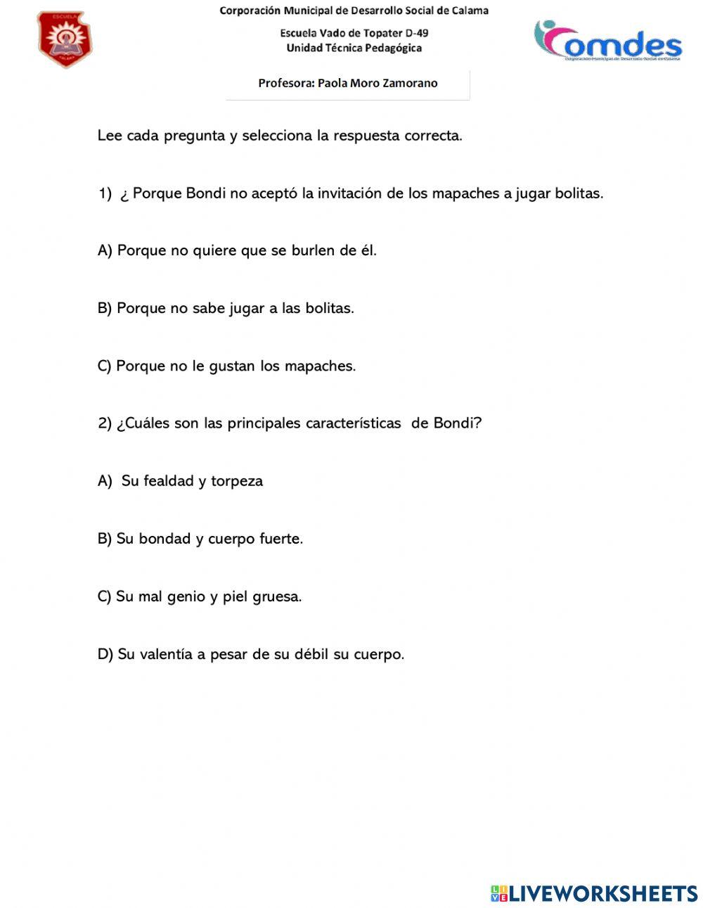 Bondi, comprensión lectora