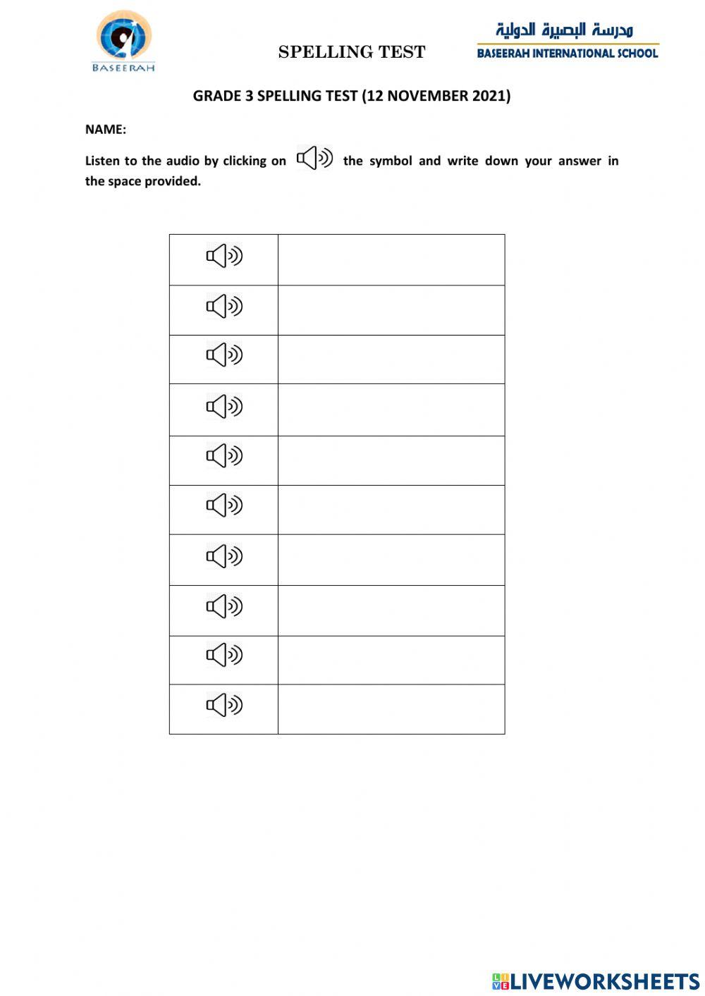 SPELLING TEST GRADE 3 (12 NOVEMBER 2021)