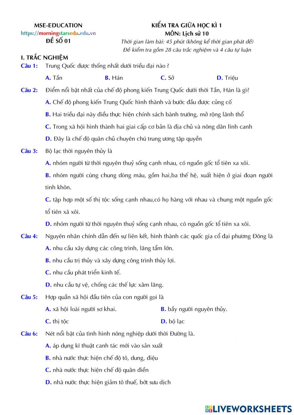 Lịch sử 10 - Kiểm tra Giữa kì 1 - Đề số 01