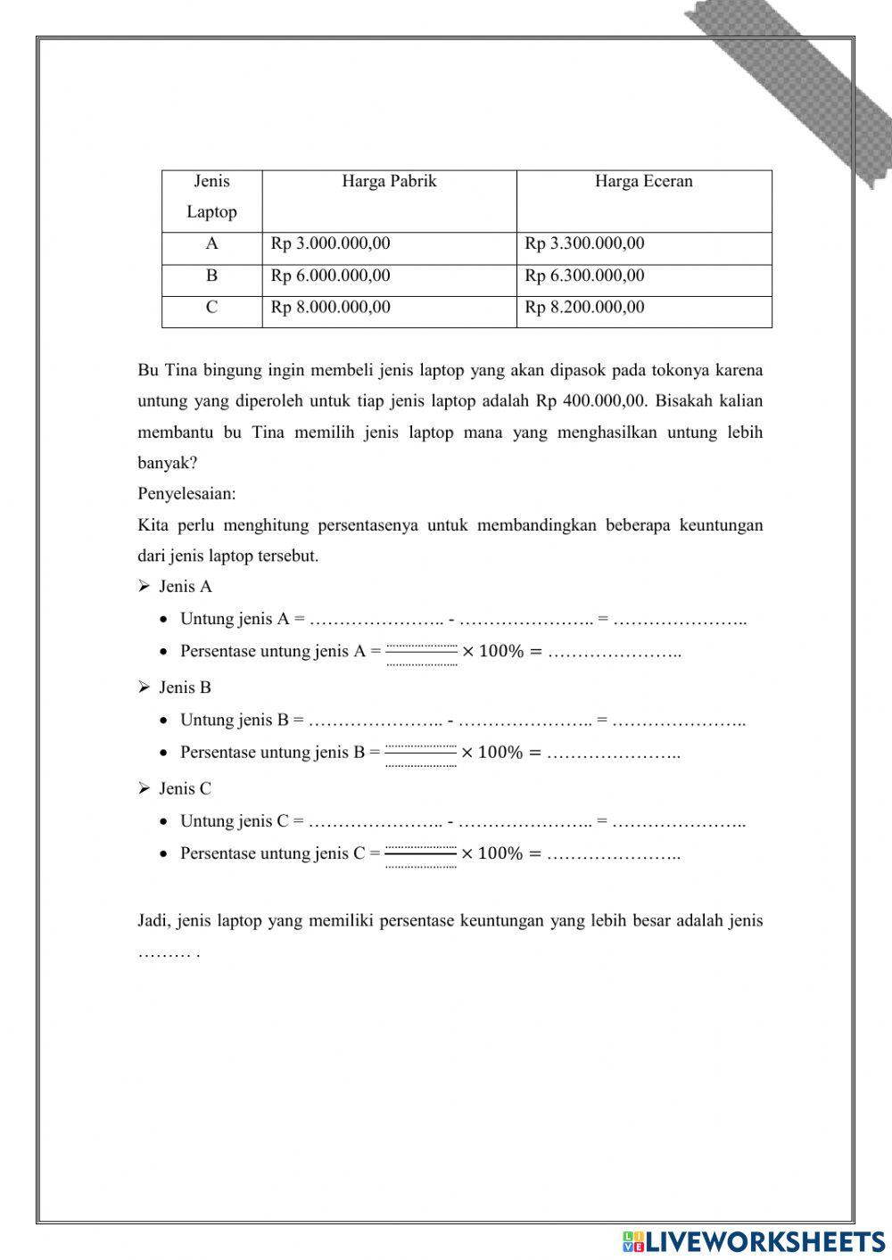 LKPD 2 Aritmetika Sosial (Persentase Keuntungan dan Persentase Kerugian)