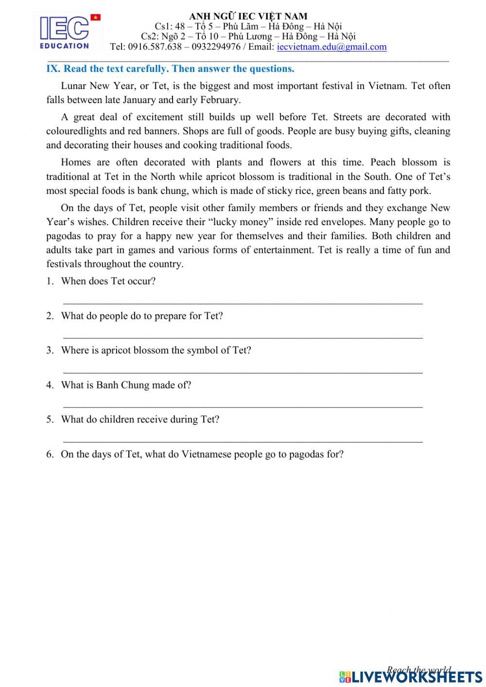 Unit 6 : Grade 6 : OUR TET HOLIDAY.