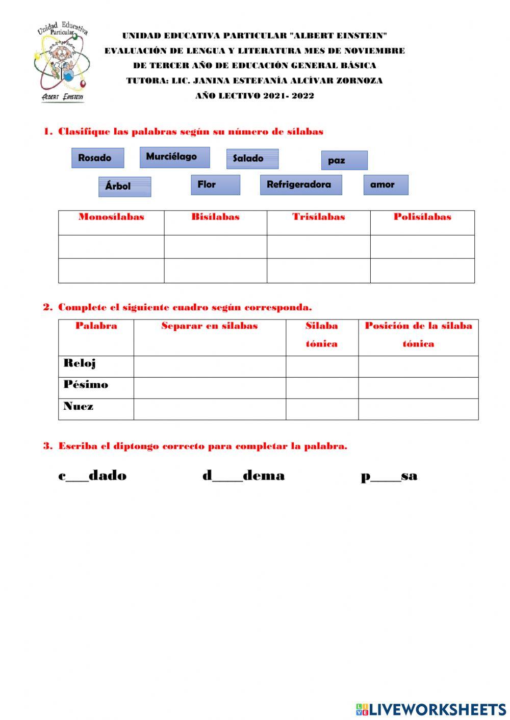 Número de silabas y diptongo