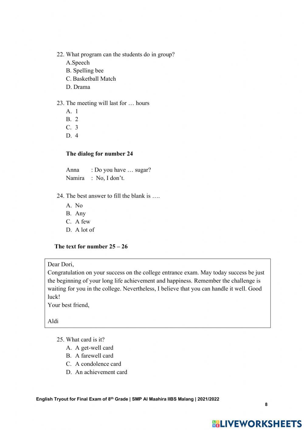 English tryout for 8th grade