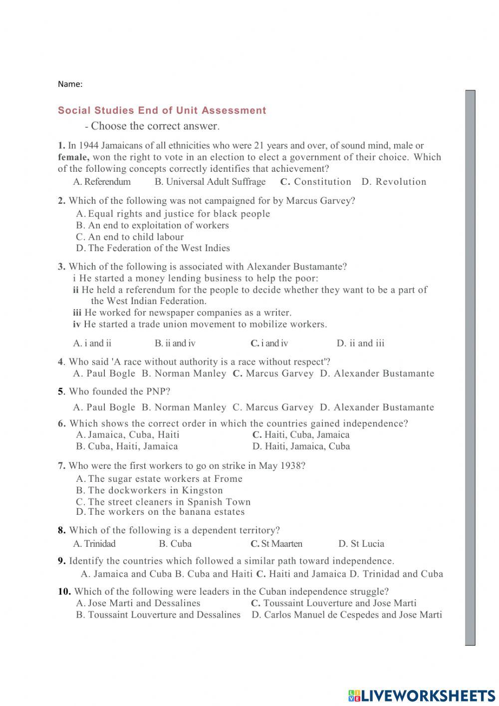 Social Studies End of Ubit